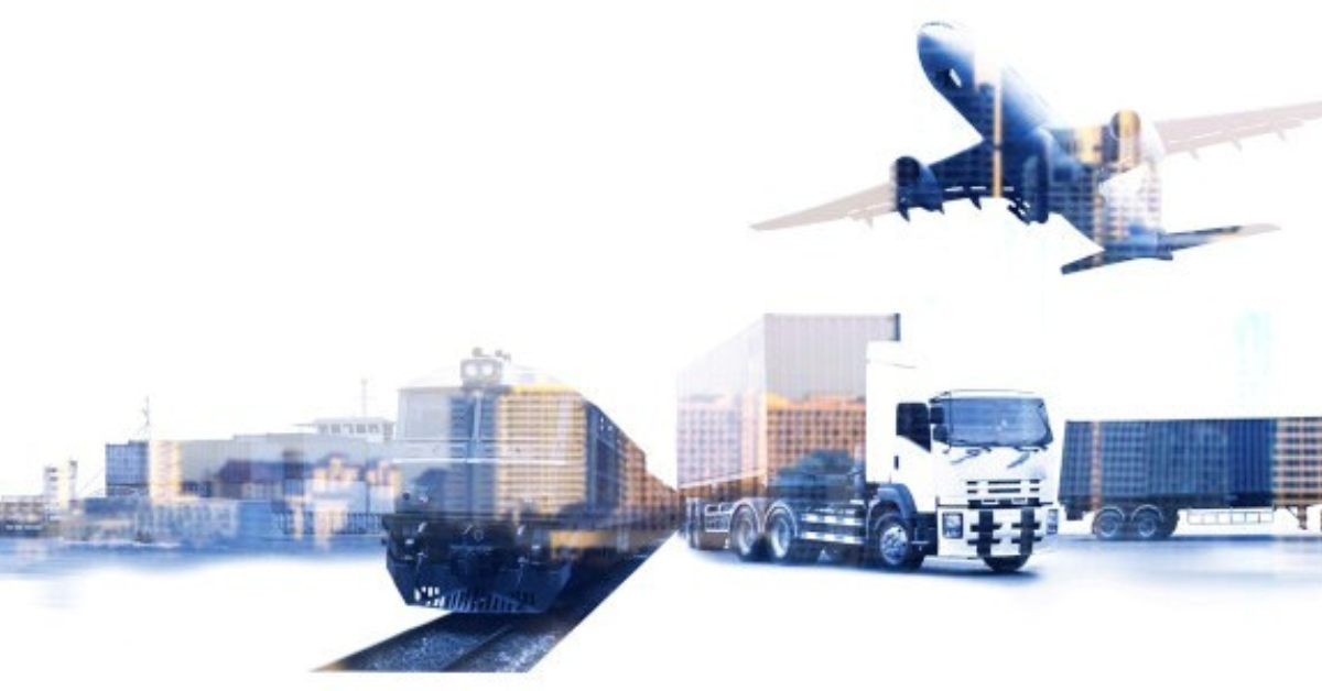 A composite image depicts a cargo train, truck, and airplane against a cityscape, symbolizing transportation and logistics on a global scale.