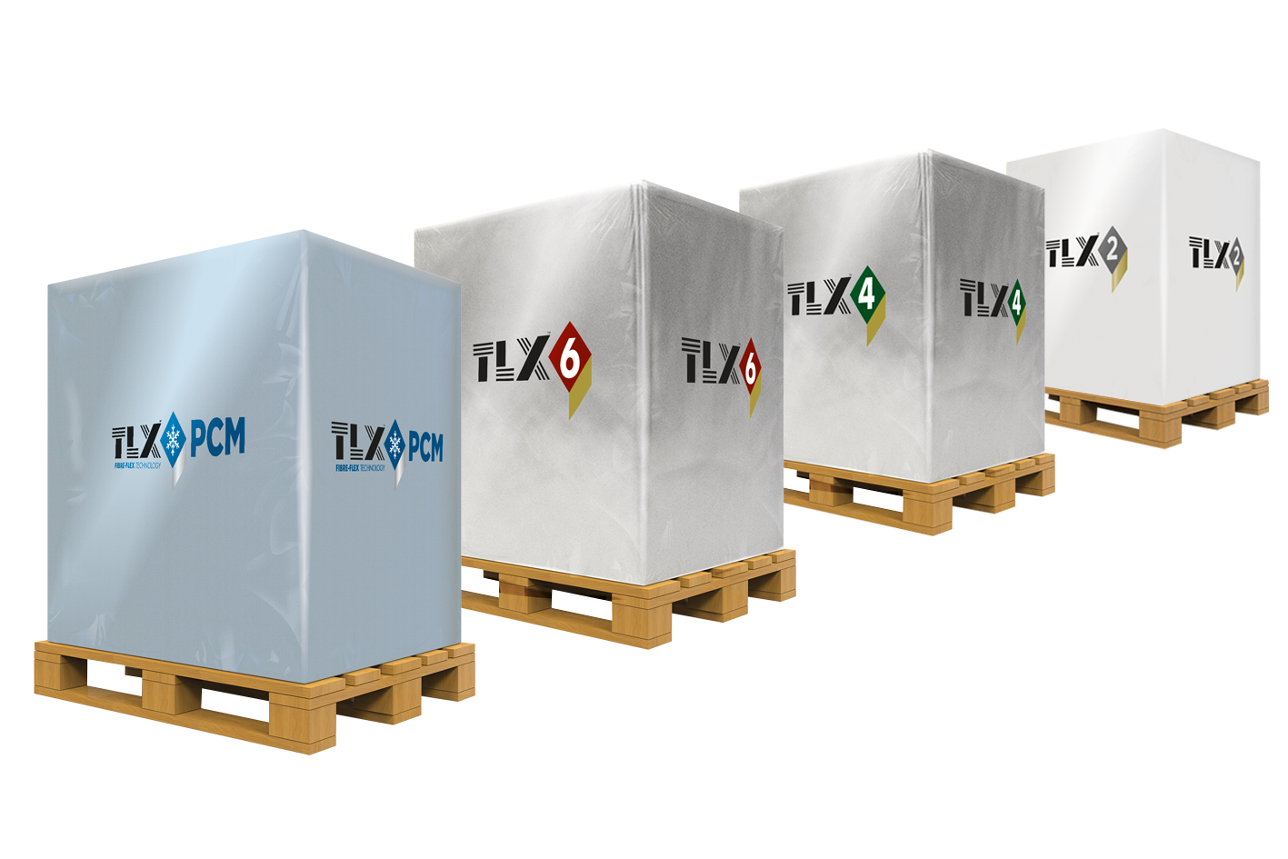 Four large, cube-shaped packages wrapped in branded silver and white coverings are stacked on wooden pallets, aligned in a diagonal row.