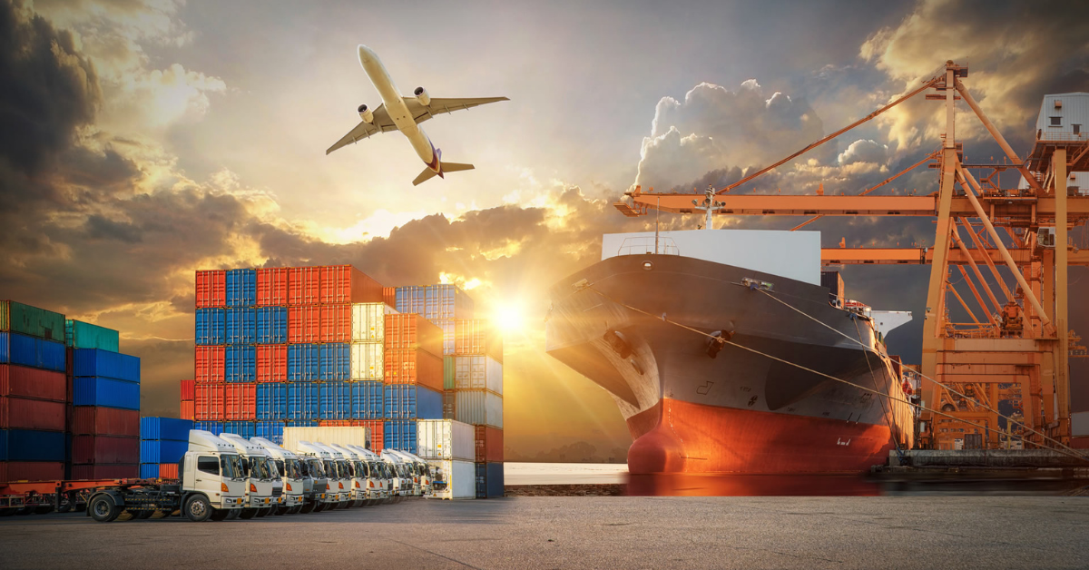 A bustling port scene at sunset with a cargo ship, stacked shipping containers, delivery trucks, and a plane flying overhead, evoking global trade.