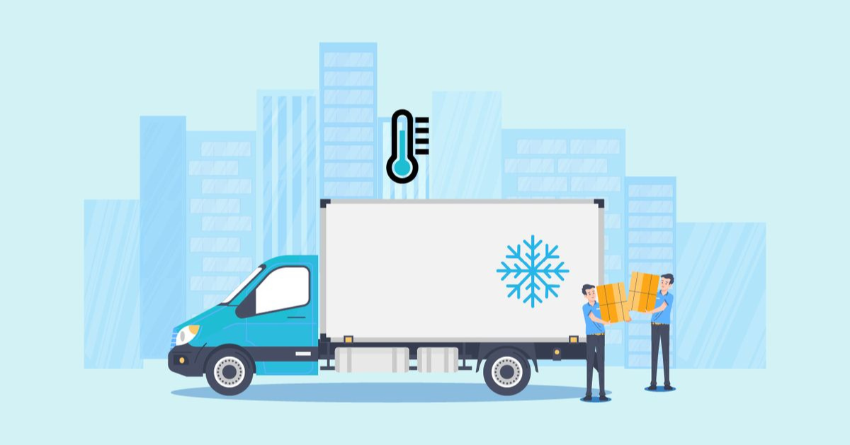 Illustration of a blue refrigerated truck with a snowflake symbol, parked in a cityscape. Two people load orange boxes, with a thermometer above.