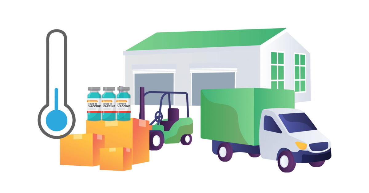 Illustration of a warehouse with a green roof, vaccine bottles, a forklift, boxes, a delivery truck, and a temperature symbol indicating cold storage.