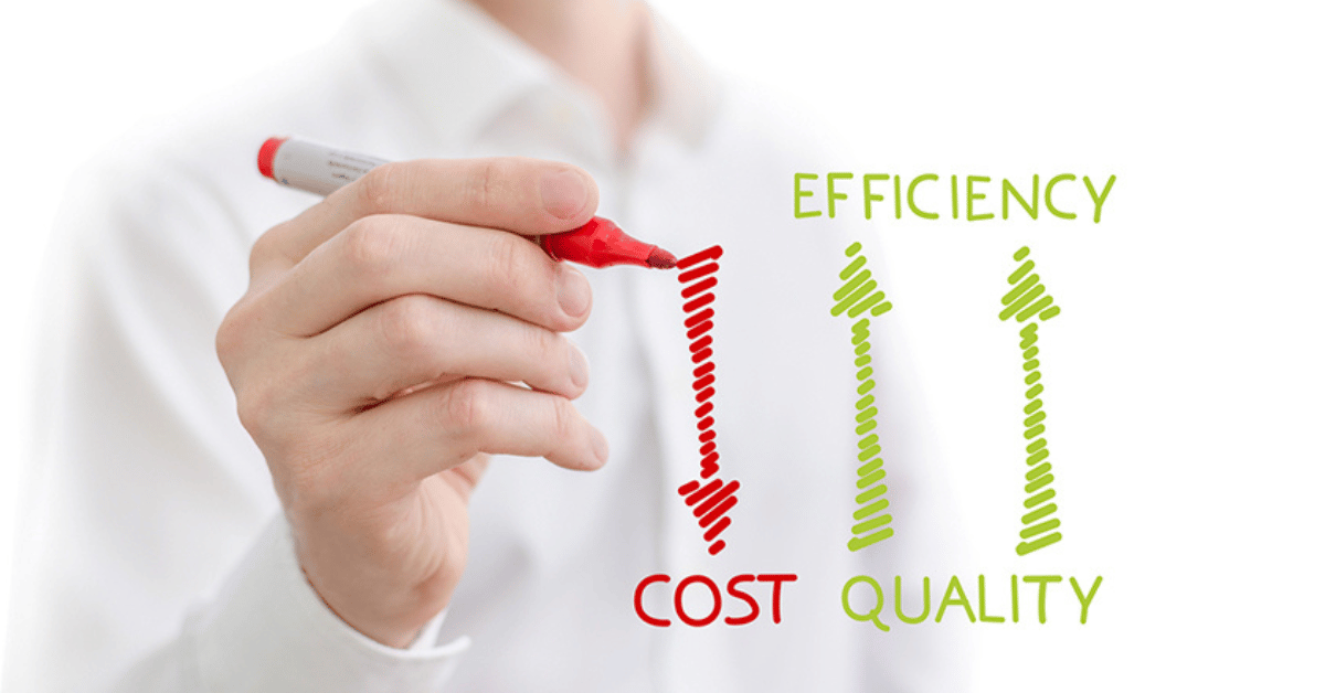 A hand uses a red marker to draw a down arrow labeled "Cost" beside green up arrows labeled "Efficiency" and "Quality," suggesting improvement.