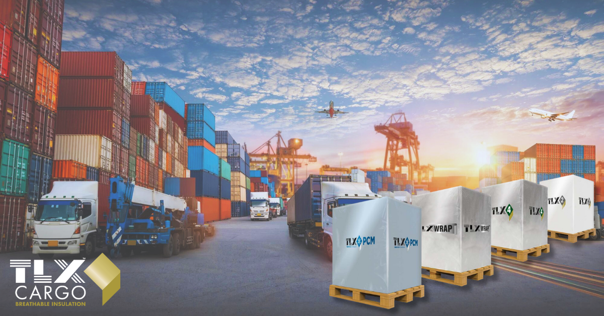 Shipping containers stacked at a busy port, trucks and cargo wrapped in TLX insulation. Planes fly overhead during a bright sunrise, suggesting activity and efficiency.