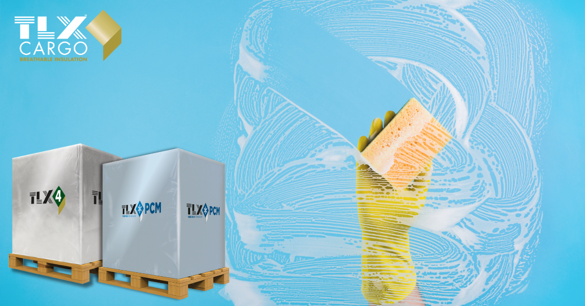 A pair of insulated cargo boxes on wooden pallets are on a blue background. A gloved hand wipes a soapy surface, revealing a clear area around the boxes.