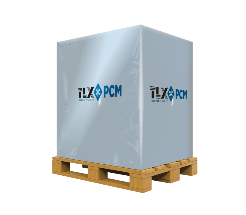 Large blue box with "TLX" and a green recycling symbol, placed on a wooden pallet. The background is black, highlighting the packaging.