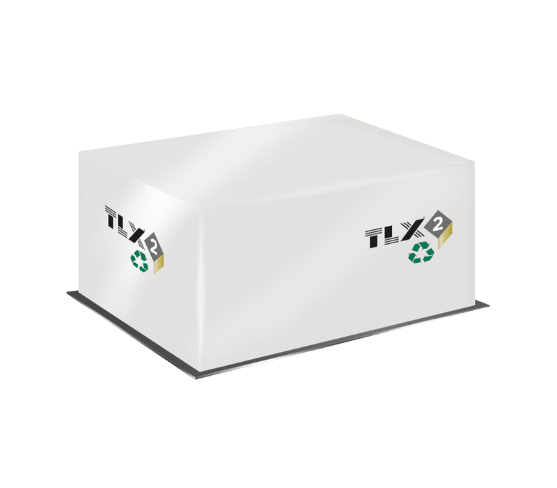 White, rectangular box on a black background with "TLX 2" and a recycling symbol on the side. Sleek, modern design indicating environmental focus.