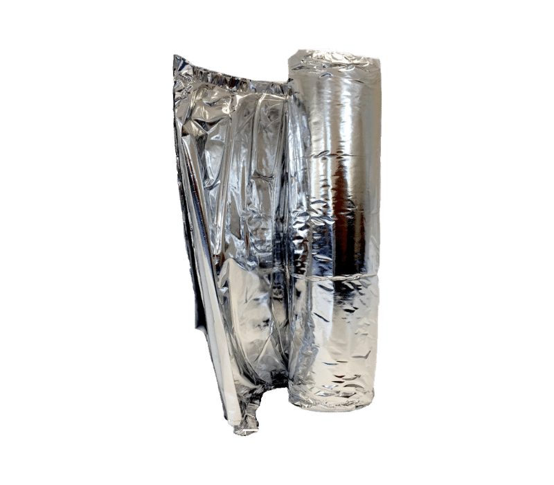 A roll of shiny, silver reflective insulation material is partially unrolled, displaying its smooth, metallic surface against a black background.
