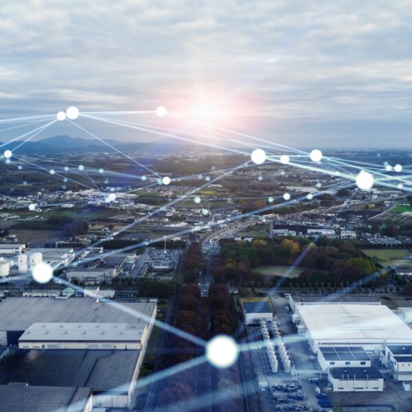 Modern Industrial Area Aerial View And Wireless Communication Network Concept