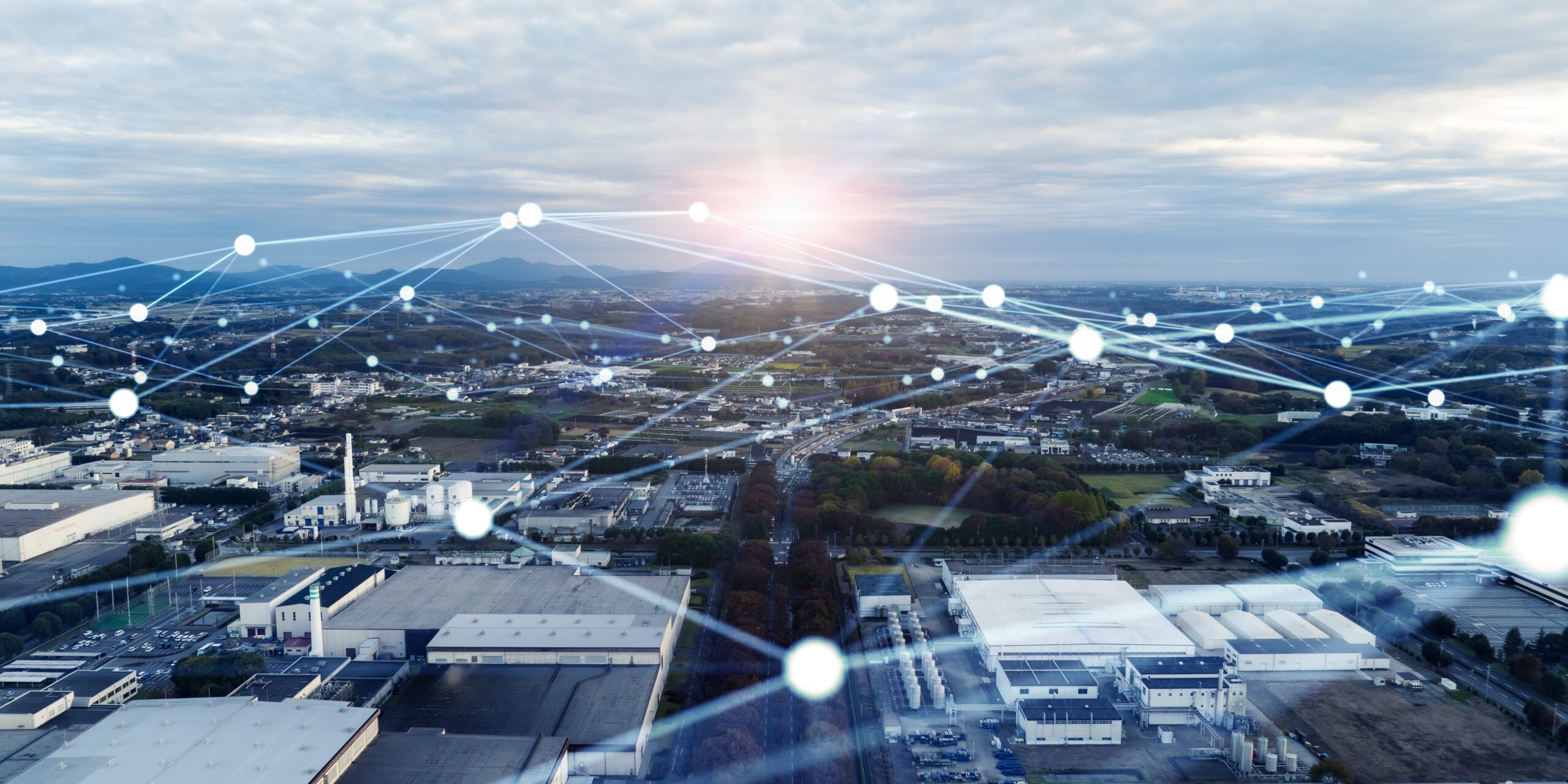 Modern Industrial Area Aerial View And Wireless Communication Network Concept