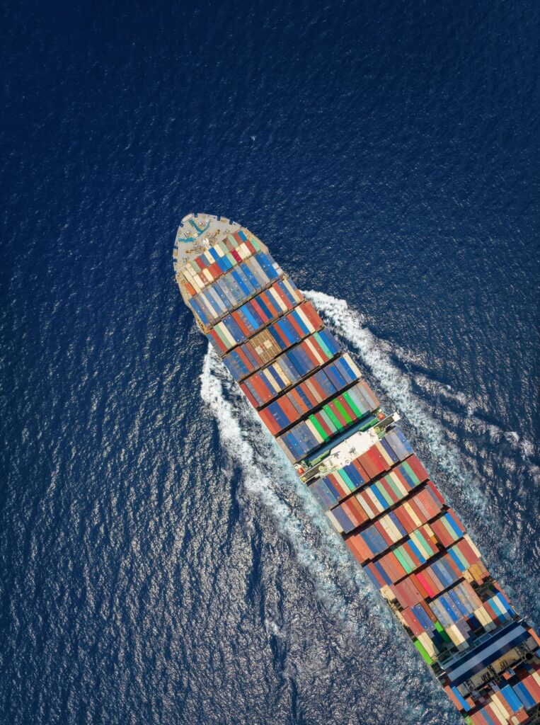 Aerial Top Down View Of A Large Container Cargo Ship