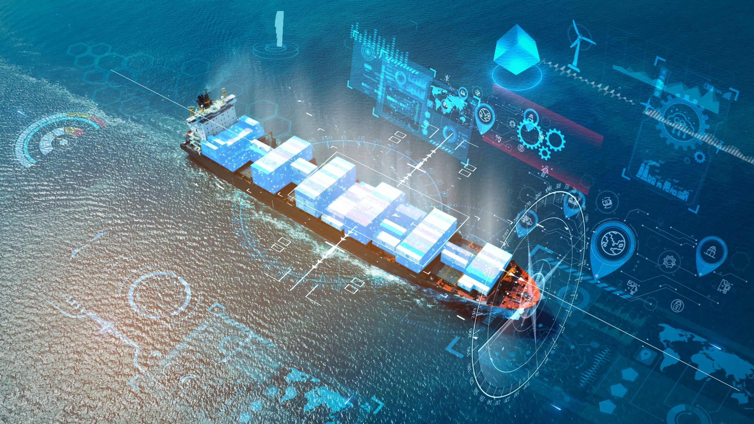 Cargo ship carrying containers with digital data overlays, representing technology-enabled cold chain pharmaceutical logistics.