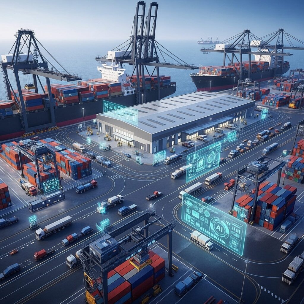 Modern shipping port with cargo containers and digital AI interface graphics, symbolizing smart logistics and automated freight management.