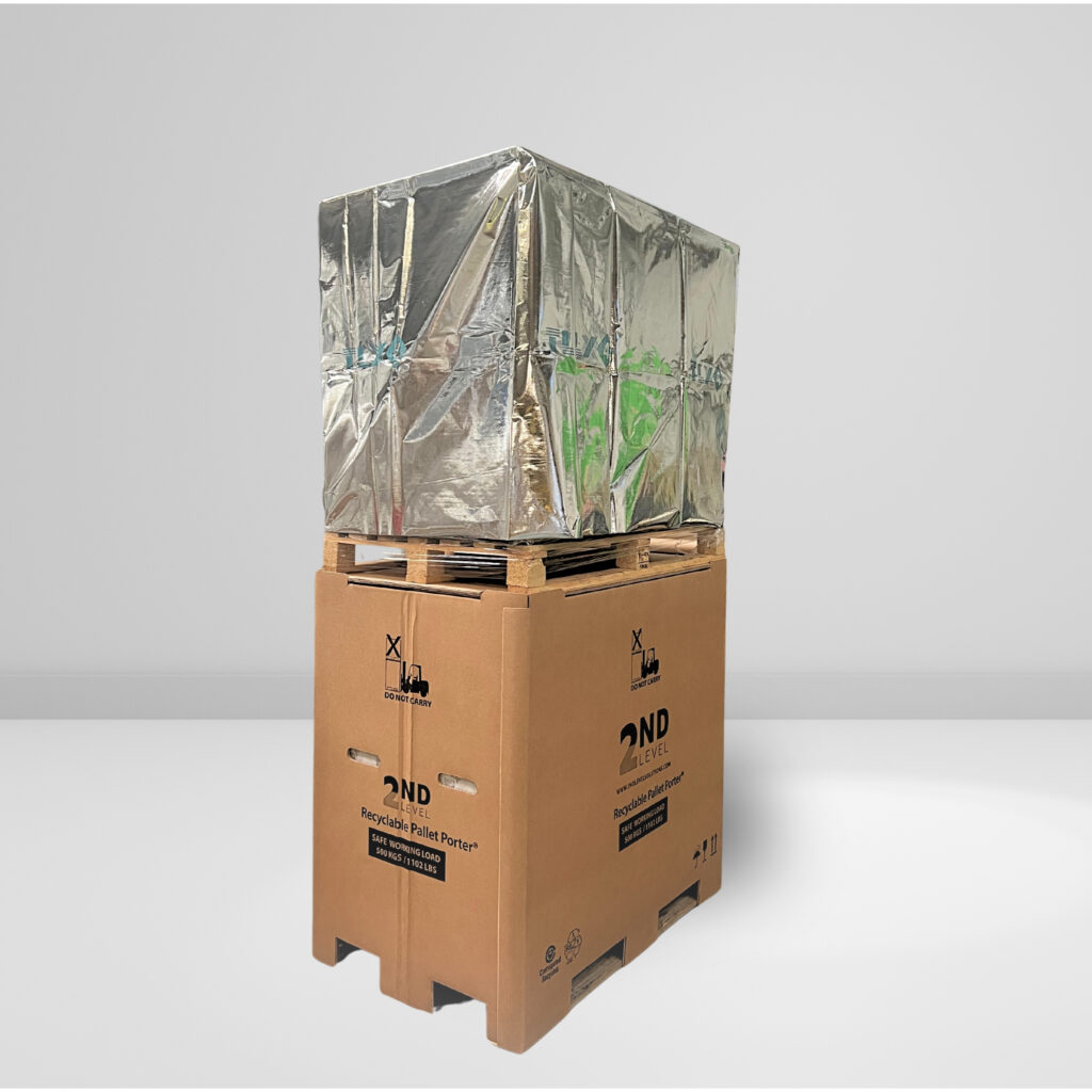 our cover on a pallet, which is stacked on top of each other, with solutions from 2nd level solutions, showcasing, how you can save space, cut costs, and be sustainable, and lower carbon emissions