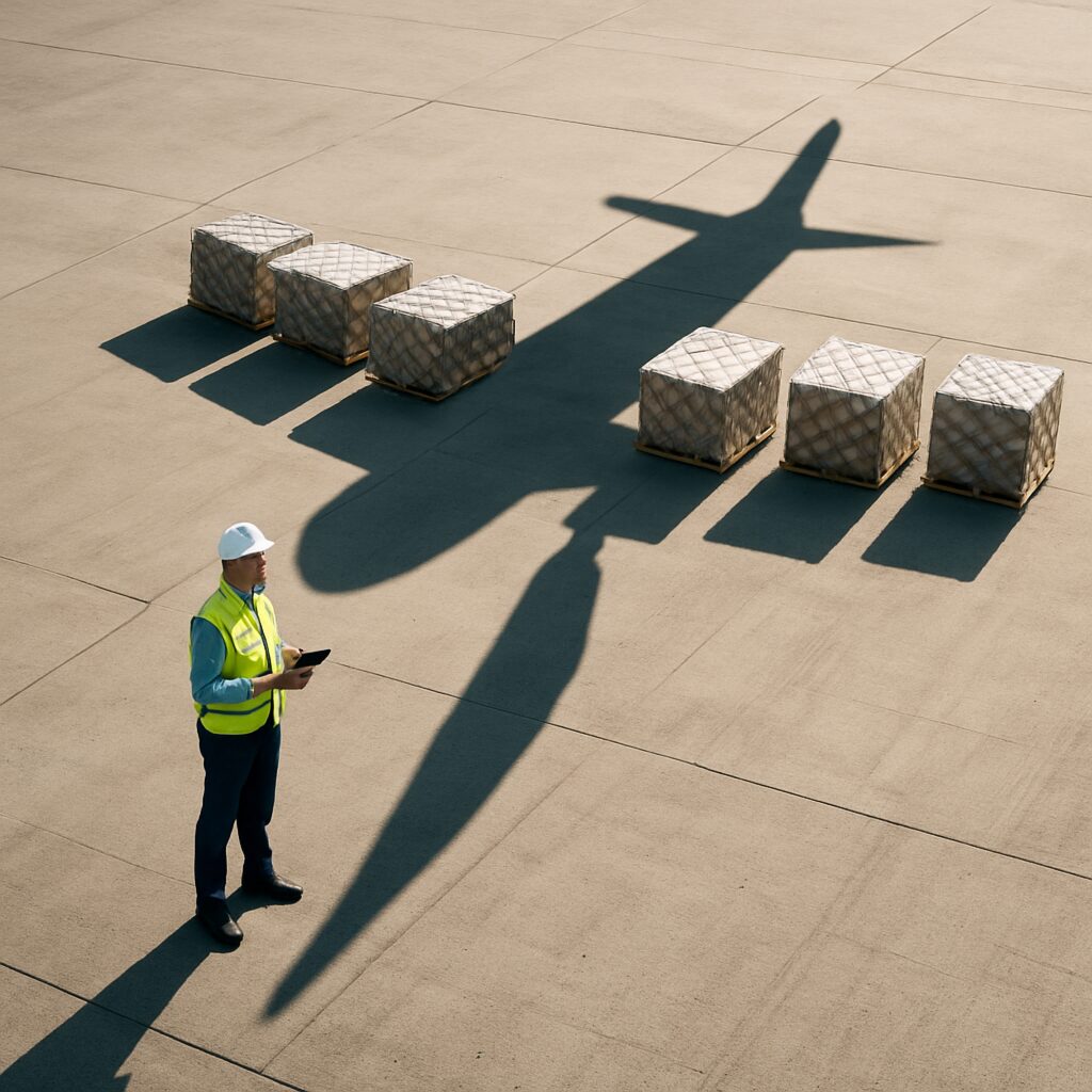 Logistic Manager Standing On The Tarmac His Long Stretch Shadow