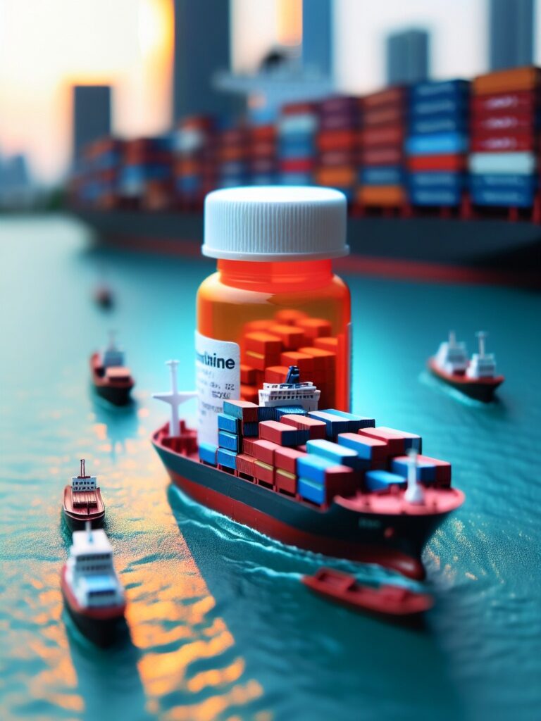 Outdoor Photo Of Pharma Medicine Bottle Sailing On Shipping Containers